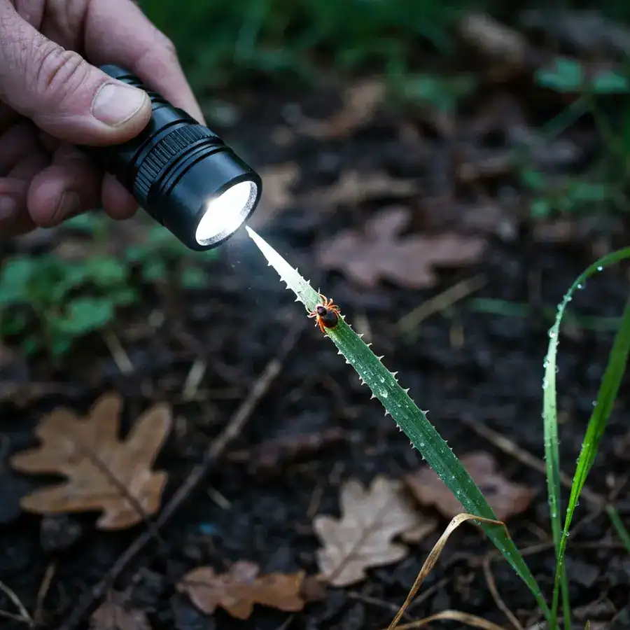 Close-up of a flashlight beam illuminating a tick on a blade of grass in a dark, overgrown backyard.