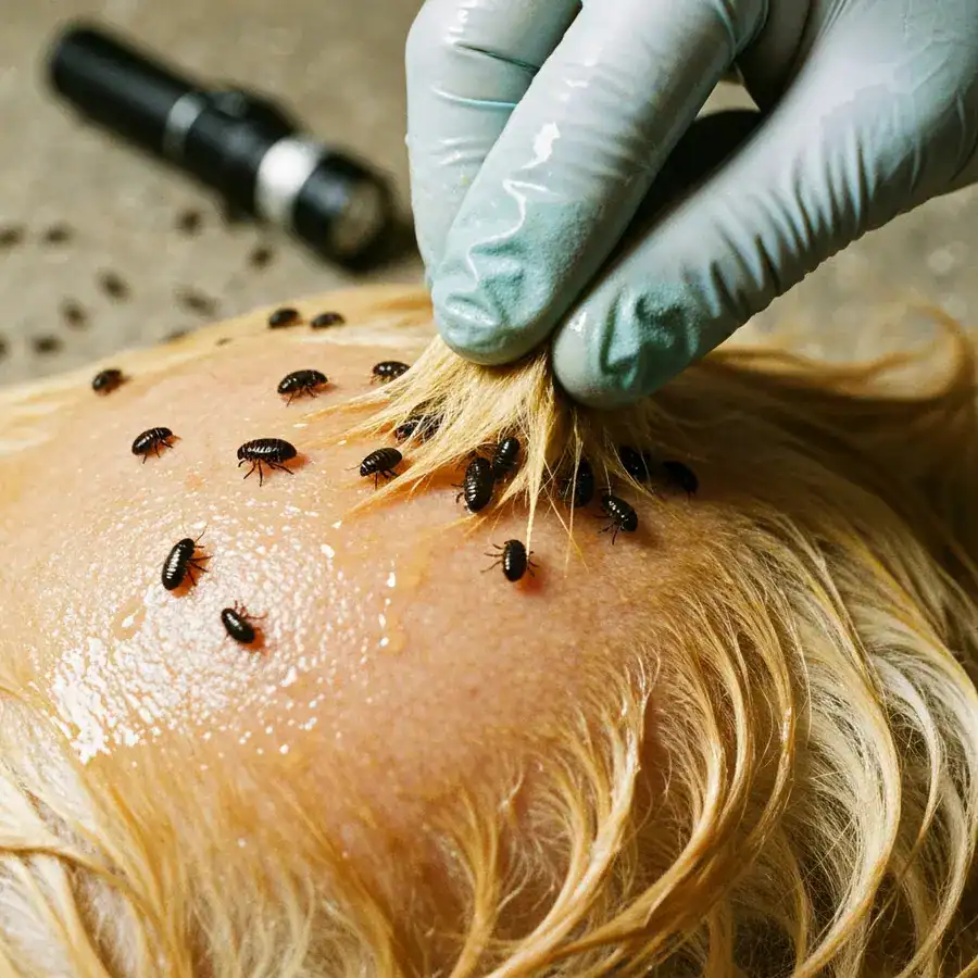 Gloved hand parting wet dog fur to reveal fleas reacting to cedar oil spray on the animal's skin.