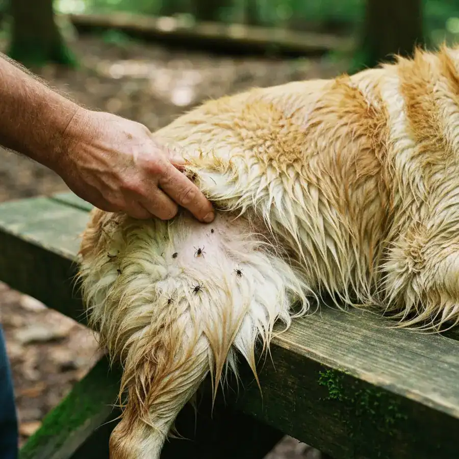 Close-up of hands parting wet Golden Retriever fur to reveal ticks on the belly in a shaded forest setting.
