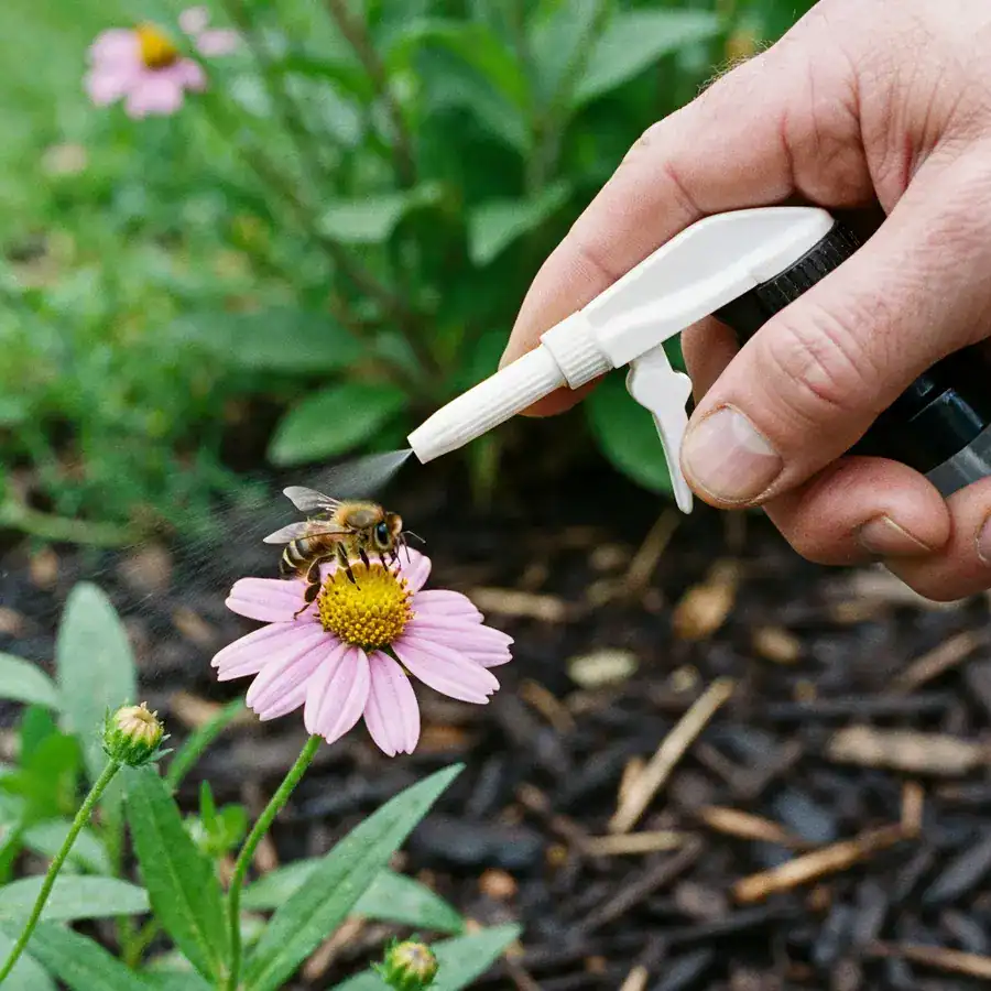 Close-up of a honeybee on a wildflower near a spray nozzle in a damp, textured garden.