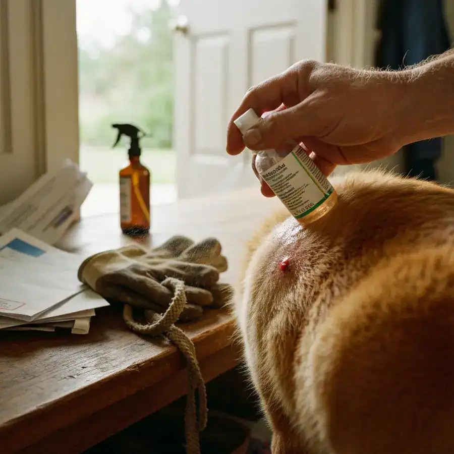 Hand applying healing spray to an insect bite on a dog's skin inside a cluttered mudroom.