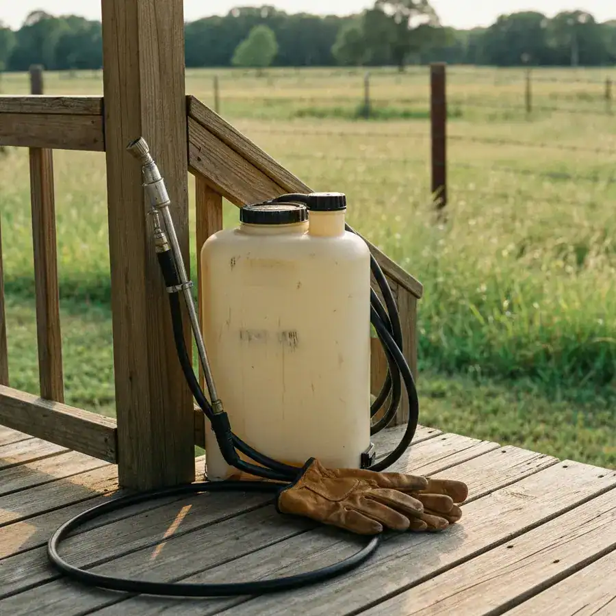 Rugged backpack sprayer and leather gloves resting on a weathered wooden porch in a rural yard.