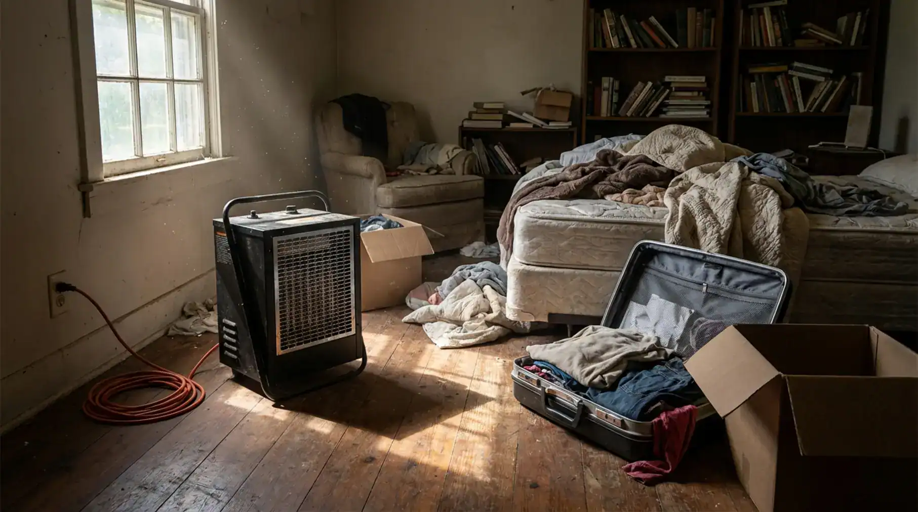Portable bed bug heater amidst displaced bedding in a sun-drenched bedroom, hinting at ongoing bed bug control efforts.