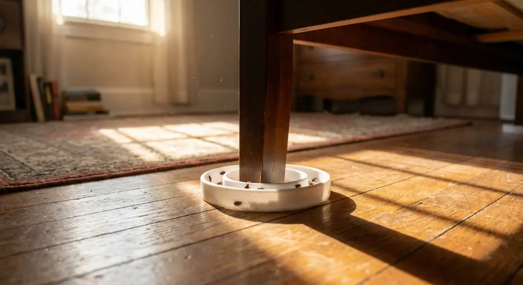 White bed bug trap under a bed leg with captured insects in a sunlit bedroom; bed bug interceptors in action.