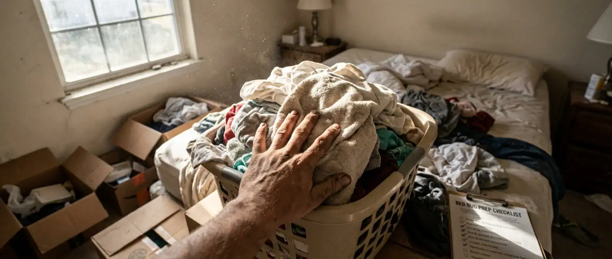 Hand reaching for overflowing laundry basket in disarrayed bedroom, bed bug prep checklist in action.