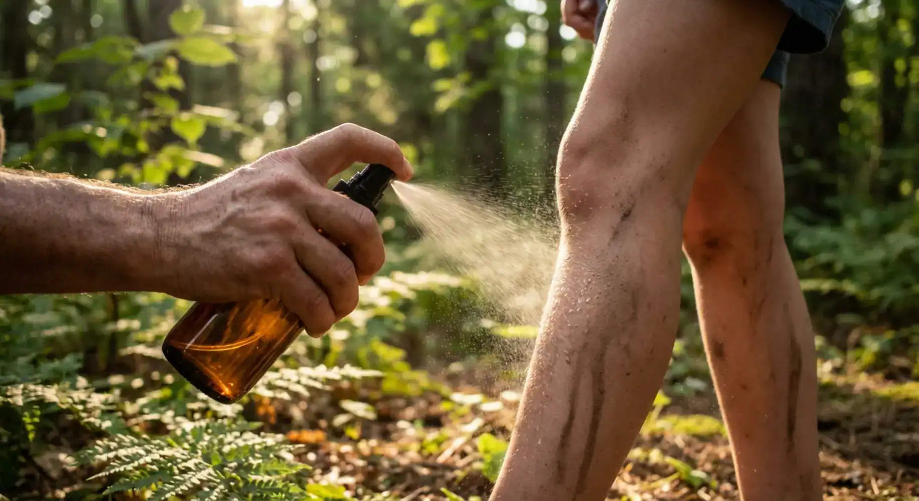 Tick repellent spray application on child's leg in sun-dappled forest; essential defense against ticks.