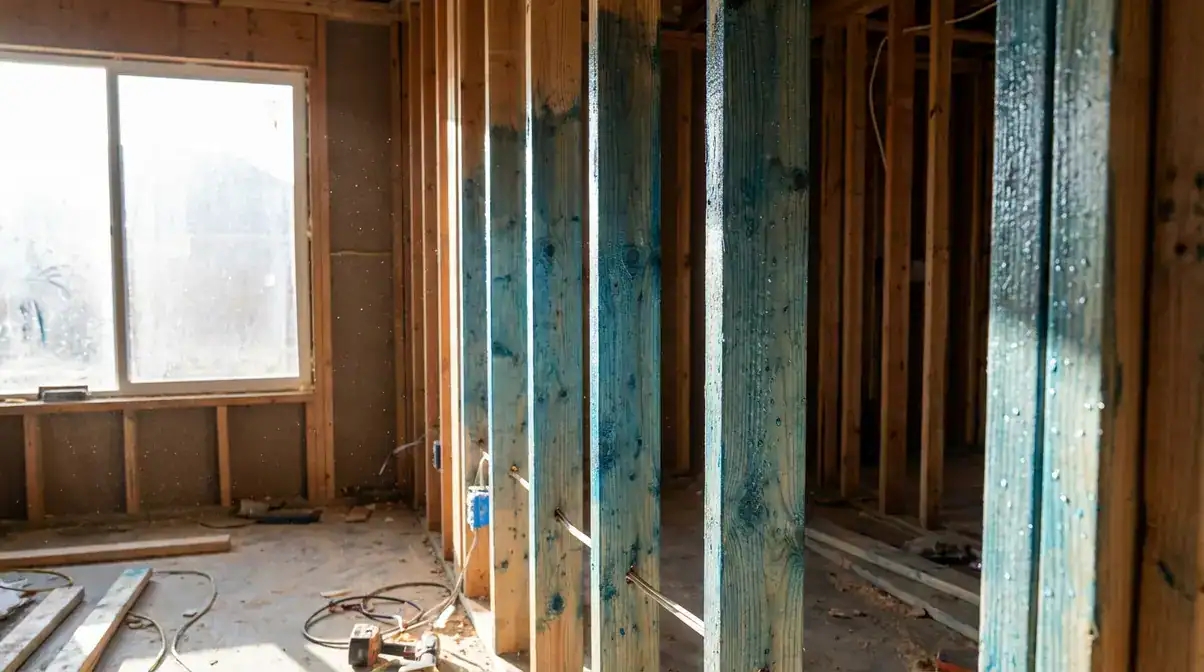 Treated wood studs gleam in sunlight. Home renovation site for bora care review, termite prevention.