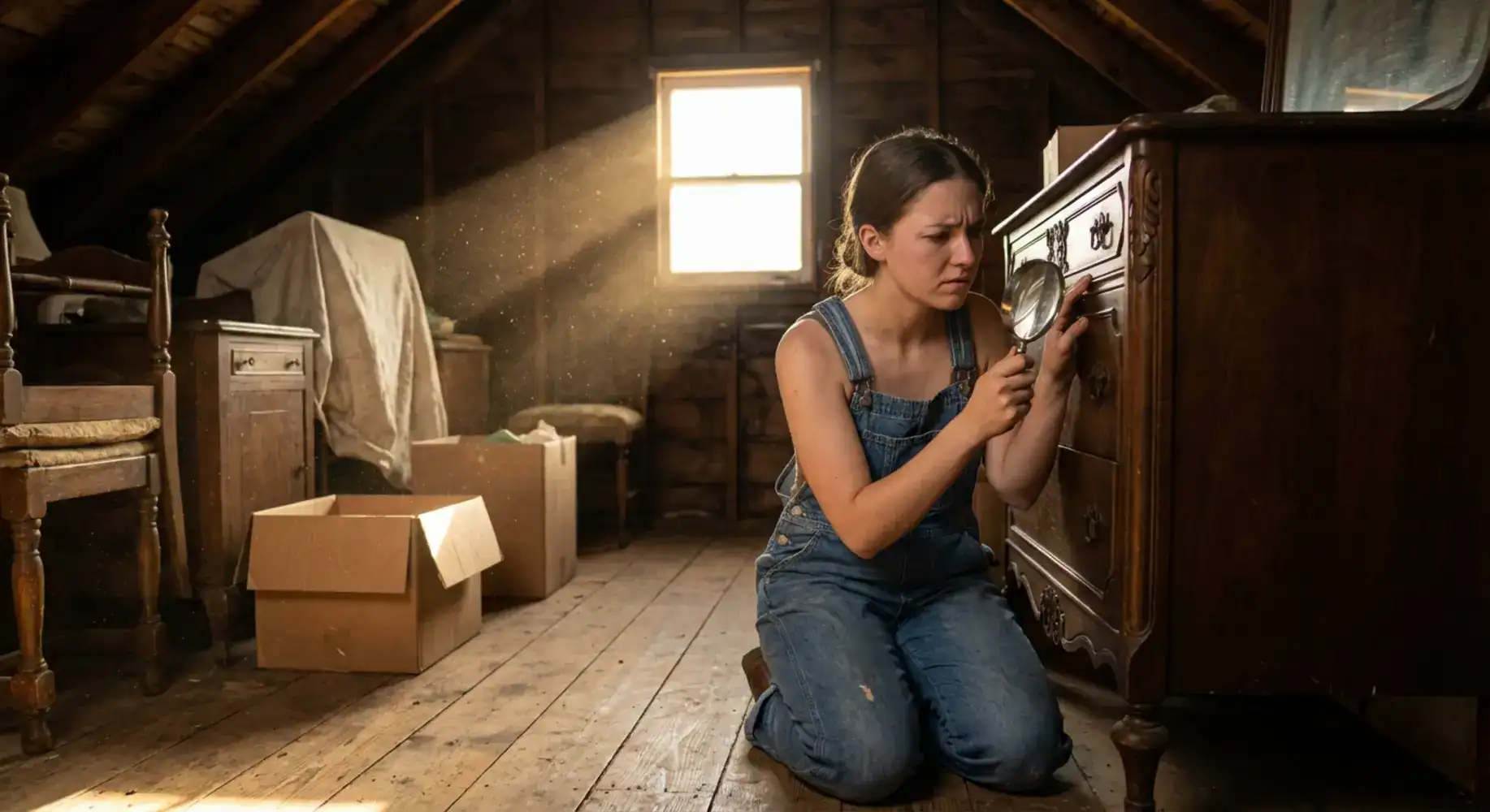 Woman inspects antique dresser with magnifying glass in dusty attic; checking furniture for bugs.