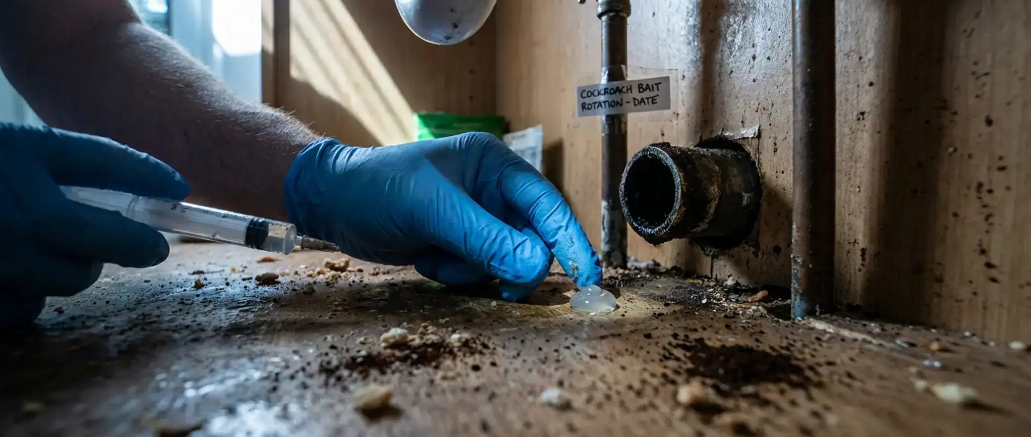 Gel bait application in a cluttered under-sink area. Strategic cockroach bait rotation for effective pest control.