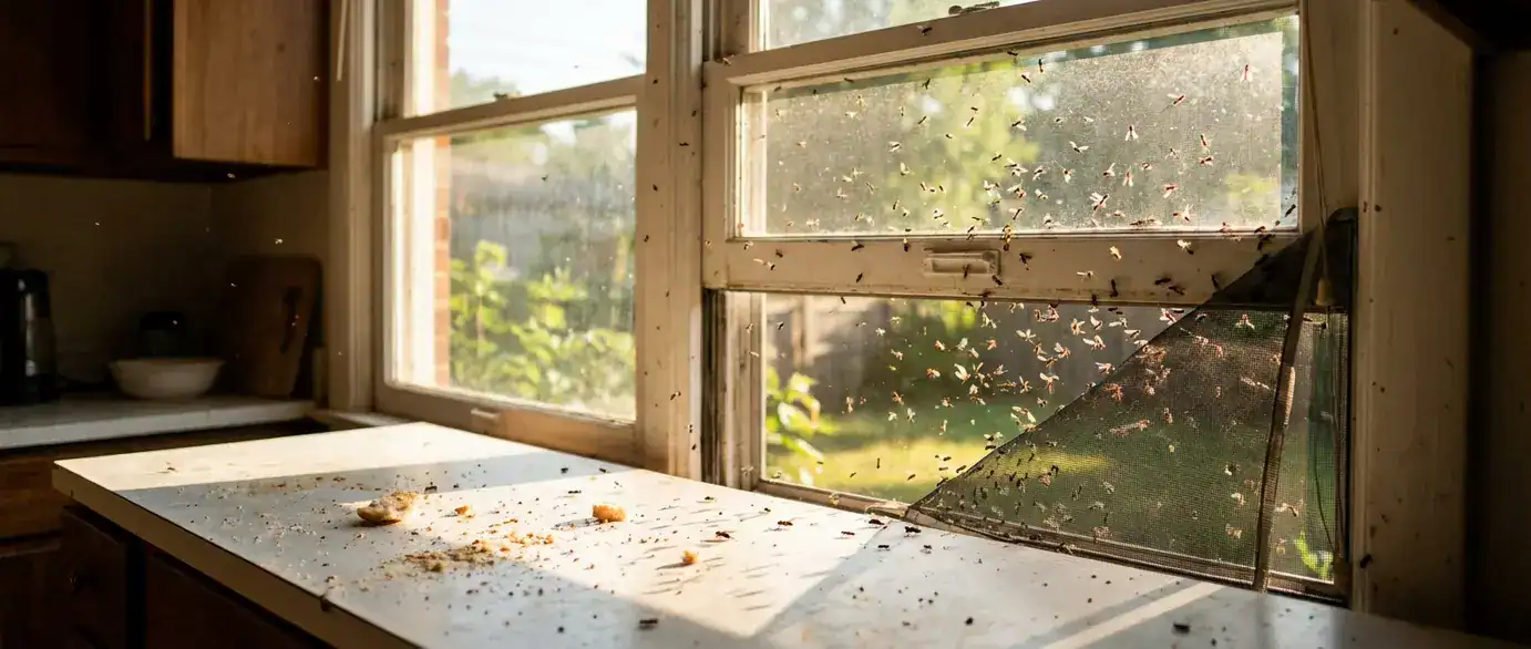 Flying ants swarm around a sunlit kitchen window with a torn screen; signs of infestation indoors.