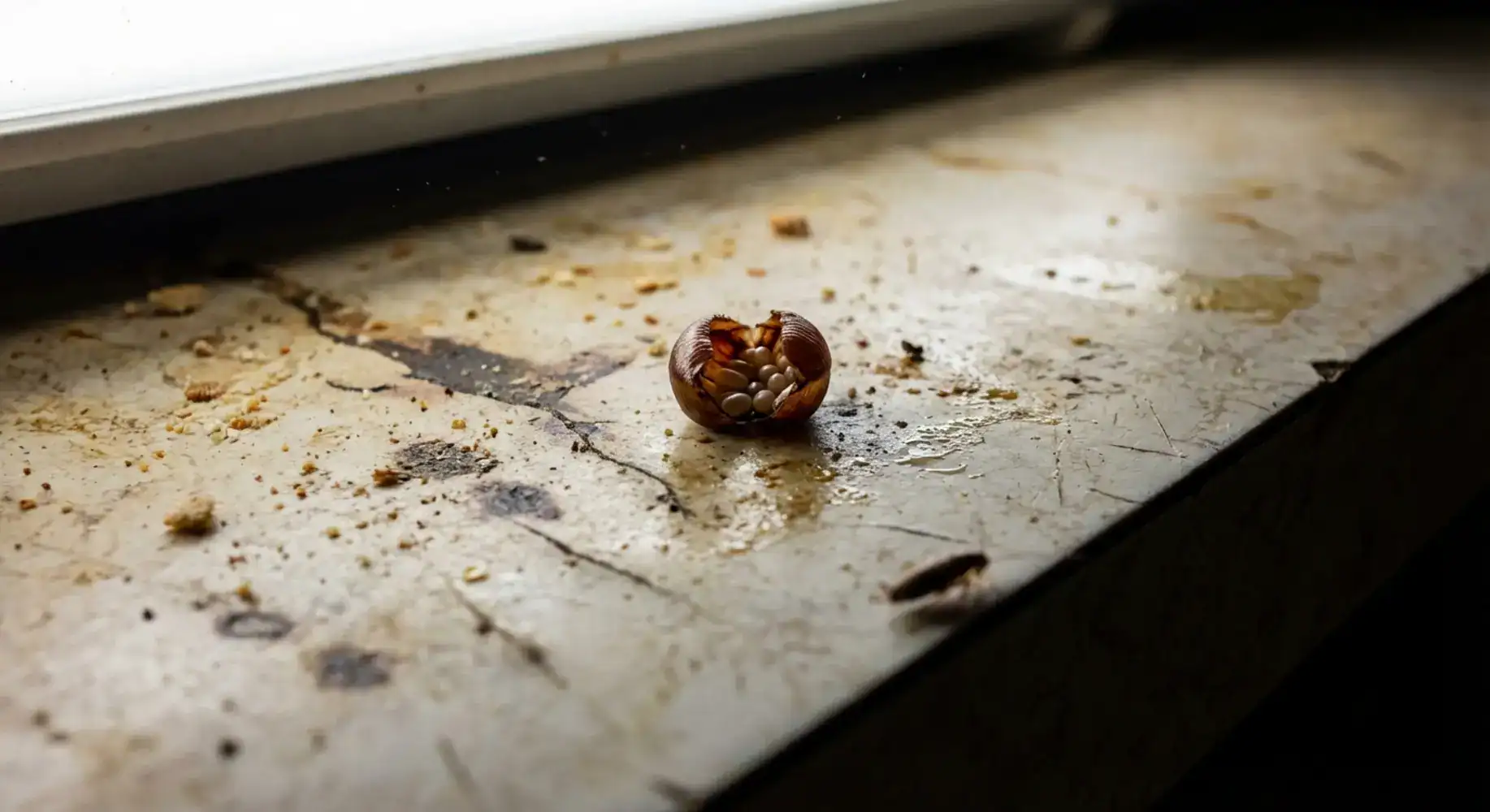 Discarded cockroach egg case on greasy kitchen counter. German cockroach life cycle in unhygienic conditions.