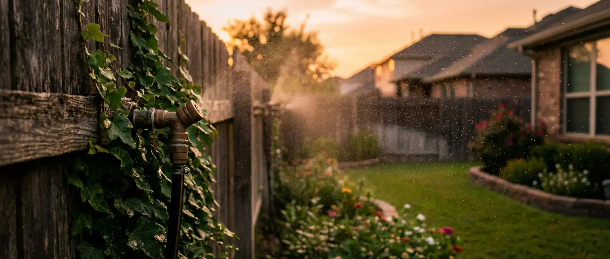 Corroded misting nozzle attached to a weathered fence at dusk, suburban backyard, mosquito misting system cost control.