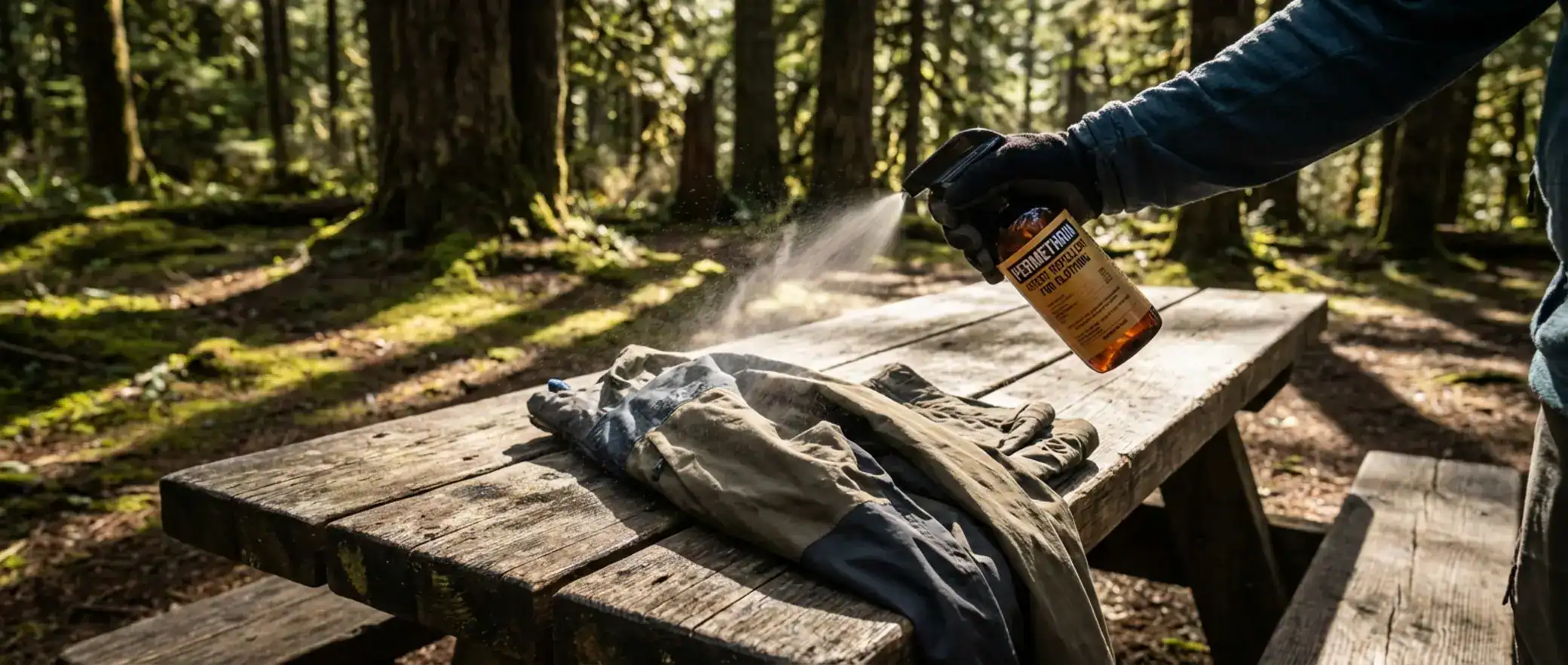 Hand applying insect repellent to outdoor apparel on a picnic table in a forest clearing; permethrin clothing spray.
