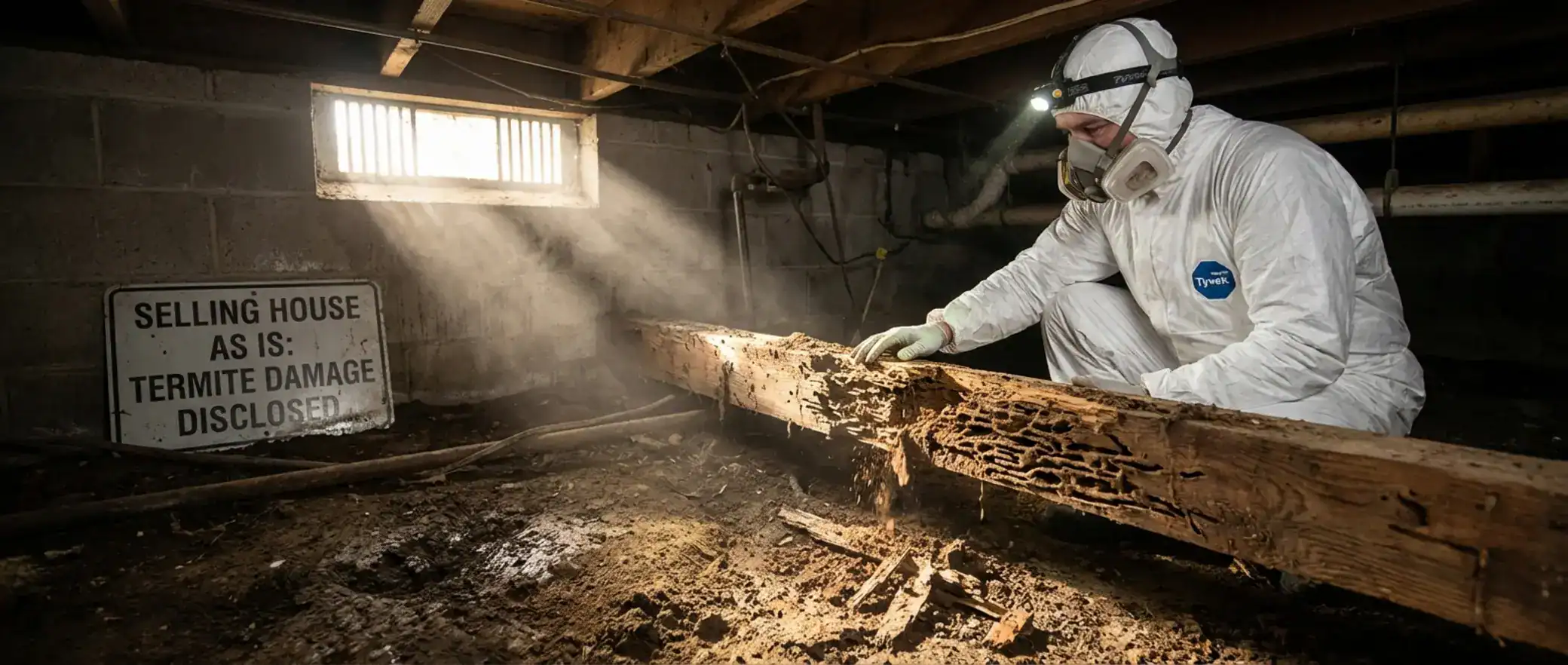 Termite inspector examining damage to wood beam in damp crawlspace. Selling house with termites implications.