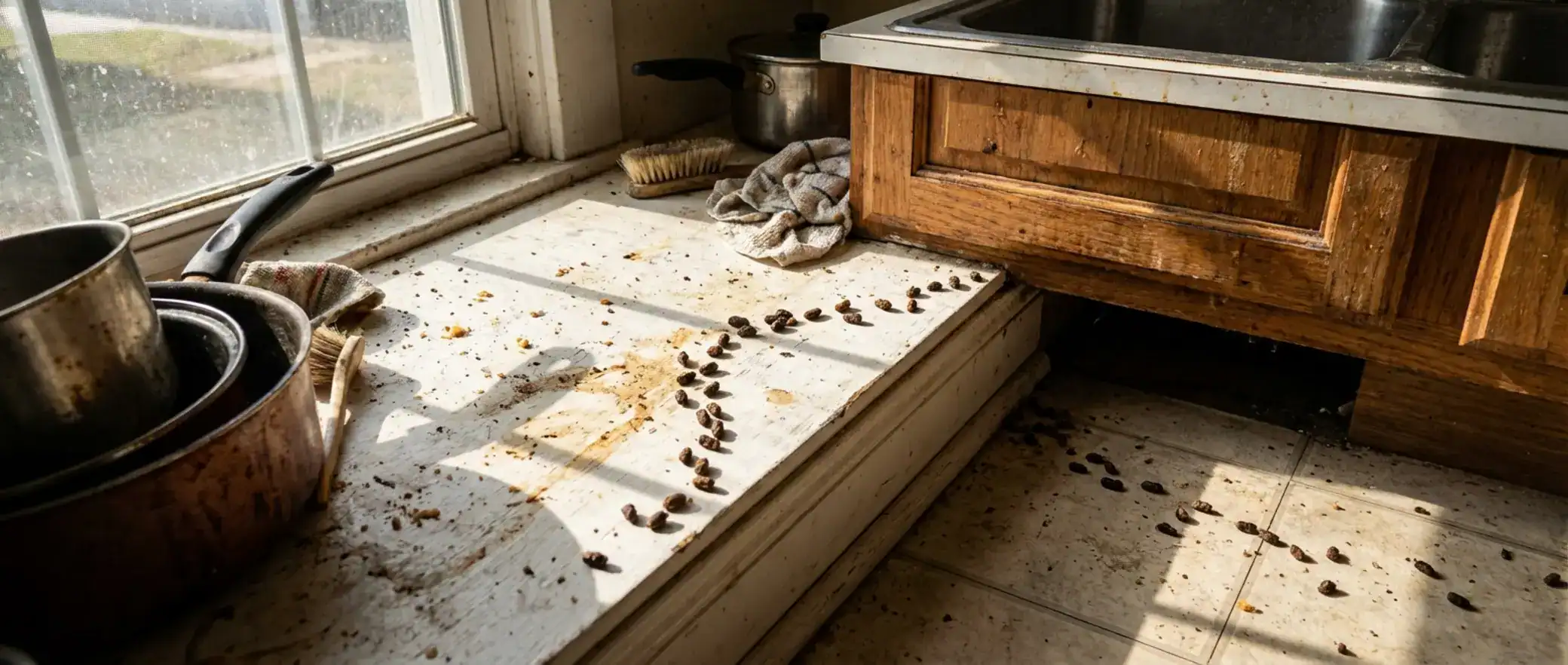 Dark droppings on a kitchen baseboard suggesting a pest problem beneath the sink. Signs of roach infestation.