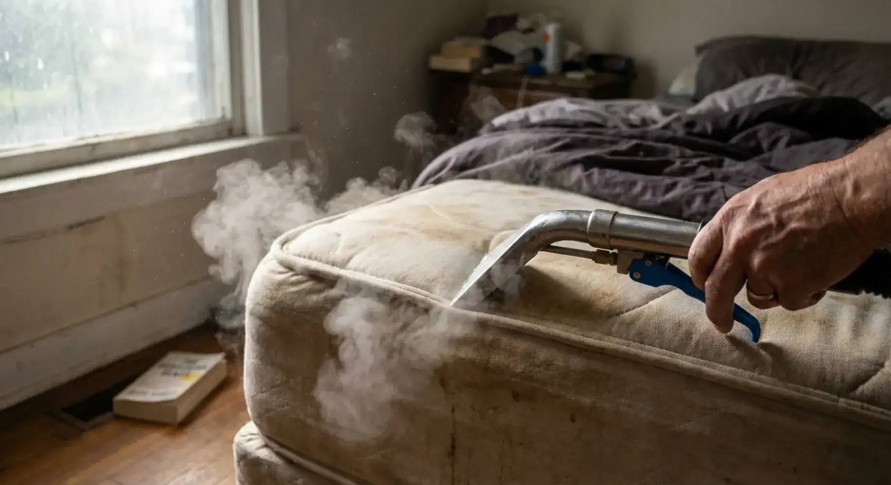 Steam cleaner nozzle targeting a stained mattress seam in a dimly lit bedroom. Combating bed bugs.