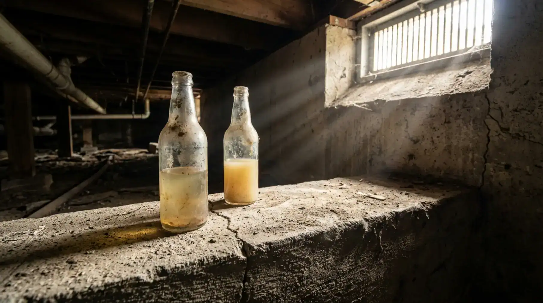 Two unlabeled bottles sit on a dusty concrete foundation, sunlight and shadows creating a sense of comparison.
