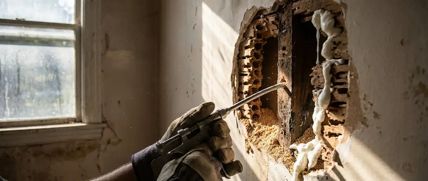 Expanding foam being injected into termite-damaged wall studs in a residential home. Termite foam treatment.