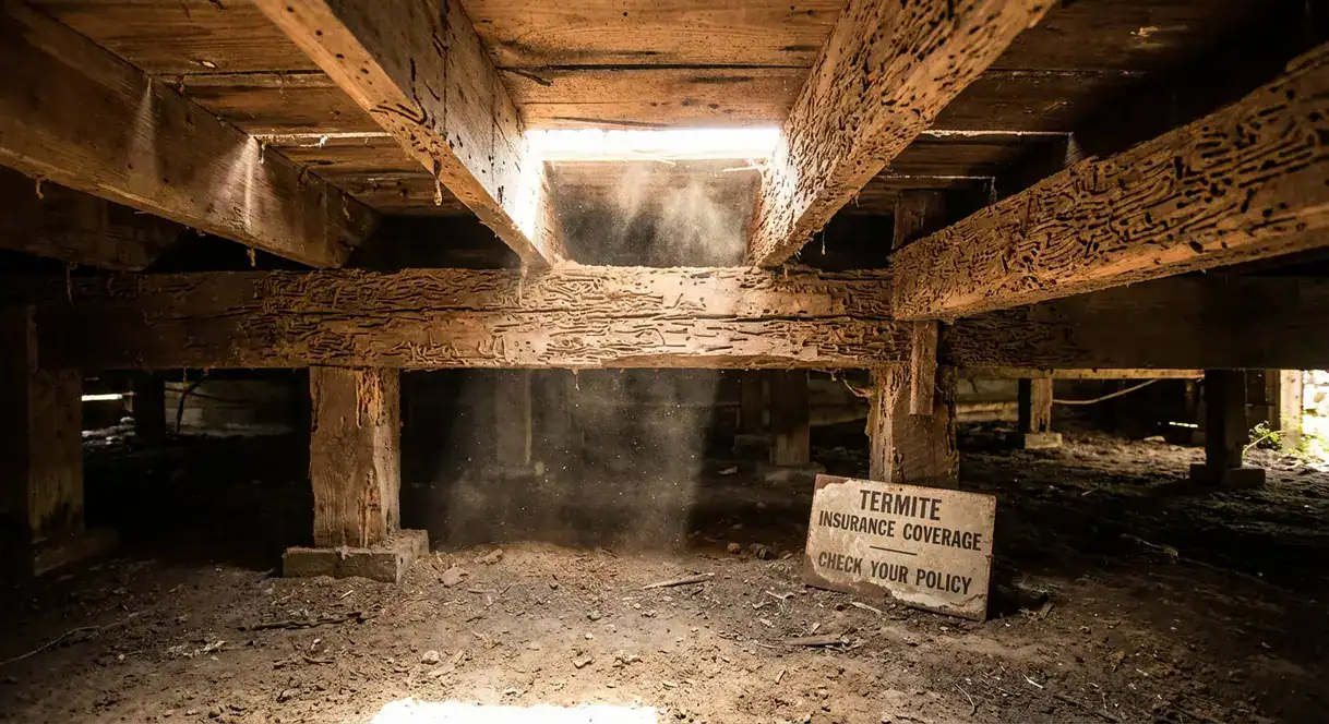Decayed wood foundation shows termite damage. Crawlspace under old house. Termite insurance coverage context.