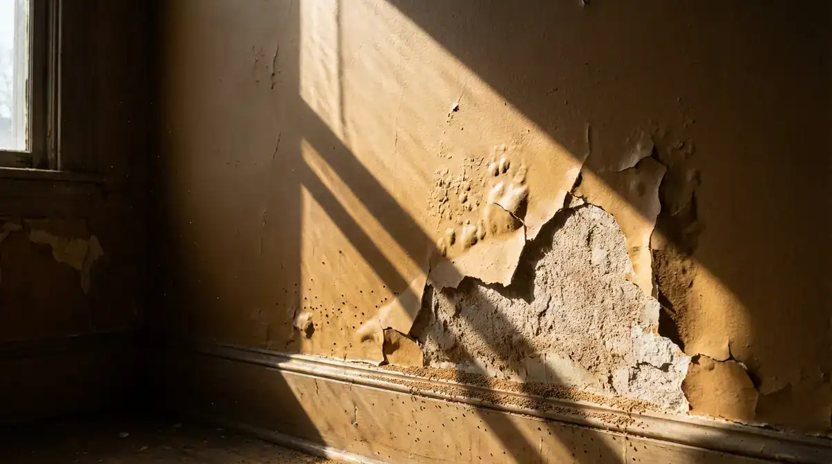 Peeling paint & frass near baseboard indicate termites in drywall; found inside home's damaged wall.