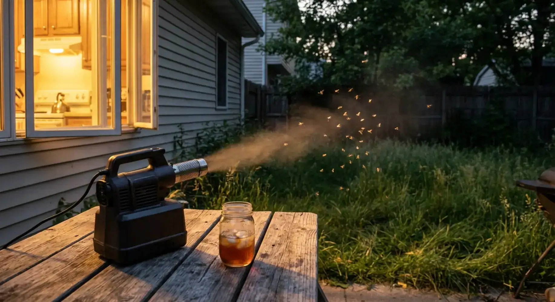 Fogging machine on a patio table at dusk; mosquitoes swarming in the yard, highlighting pest control.