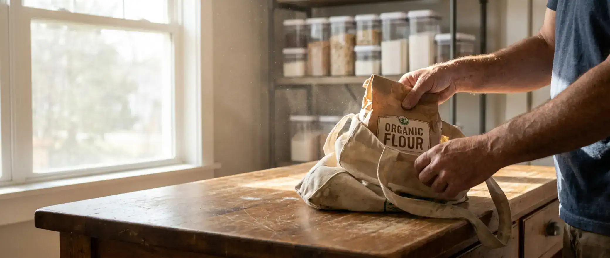 Adult hands unpacking dry goods from a grocery bag on a kitchen island, highlighting the need for airtight food containers.