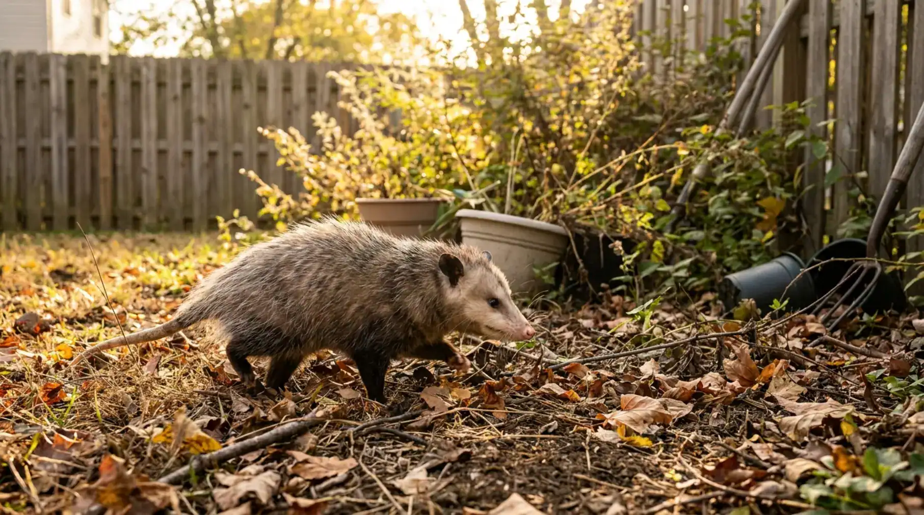 Opossum foraging amongst leaves in a sun-drenched backyard. Are possums good neighbors?