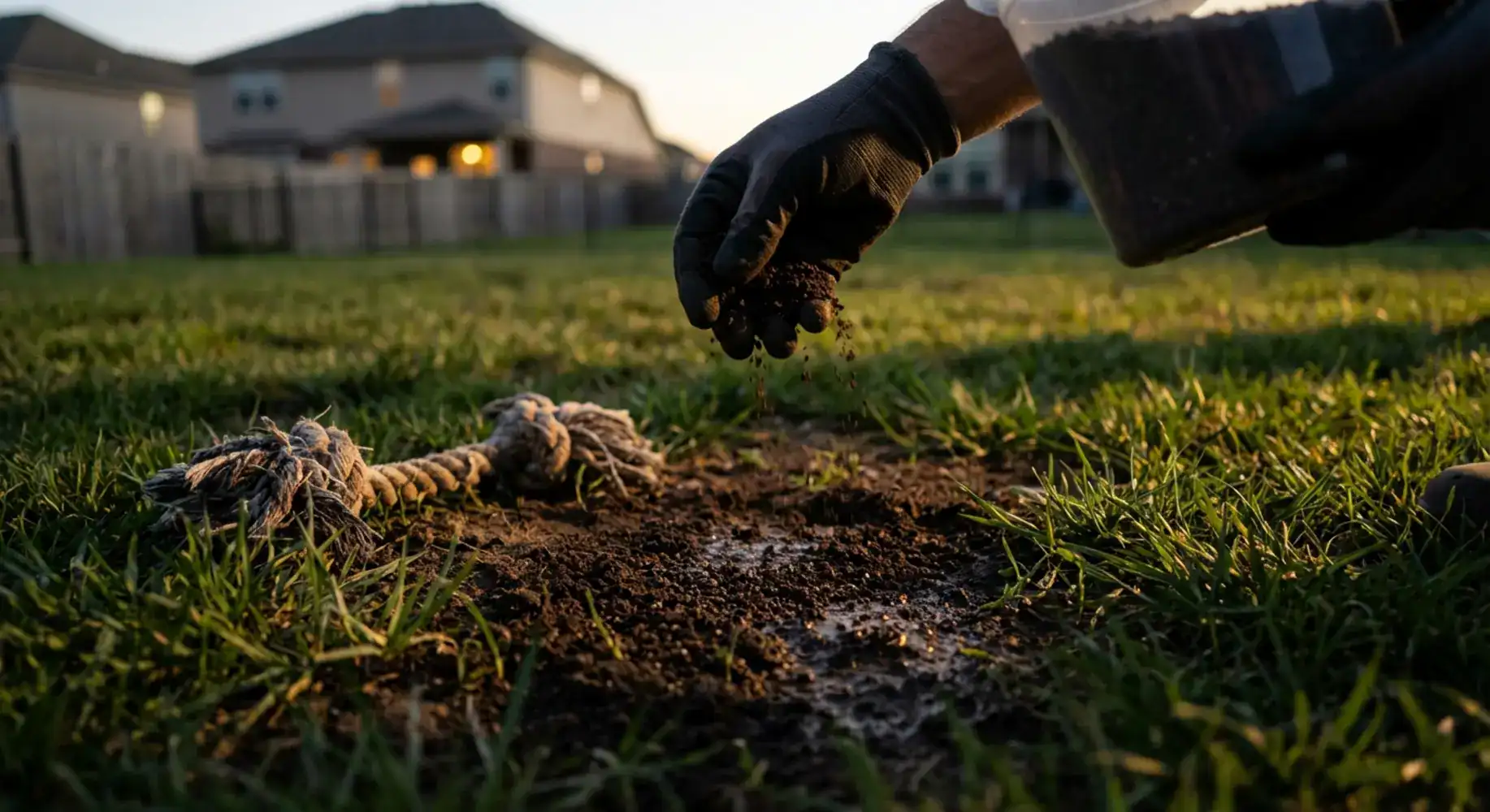 Hand spreading nematodes on yard soil at dusk, targeting flea larvae habitat.