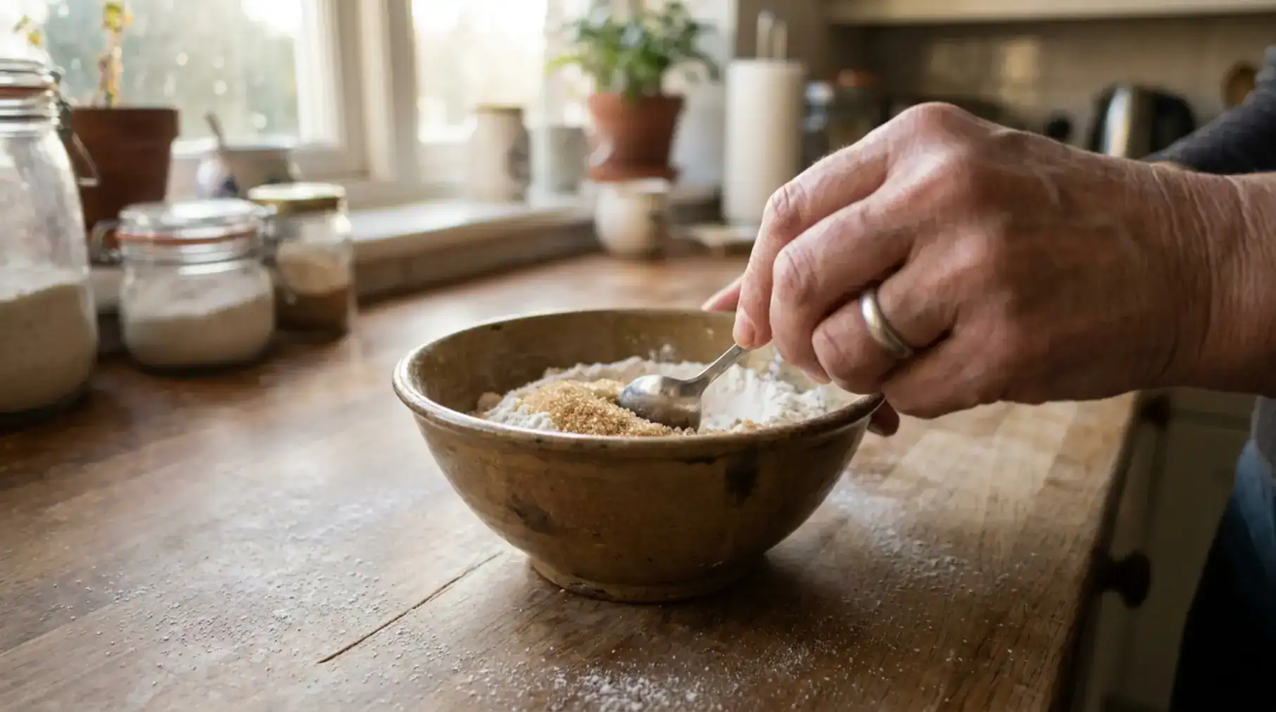 Hand stirring borax and sugar in a small bowl on a sunlit kitchen counter, illustrating an effective borax ant killer recipe.