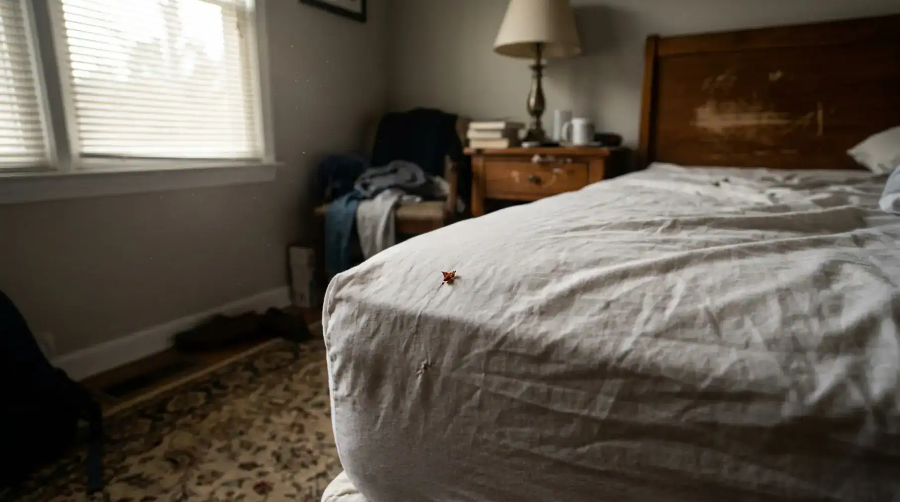 Rumpled white bedsheet on a mattress with a subtle reddish-brown speck, lit by morning sun in a bedroom, hinting at carpet beetle vs bed bug evidence.