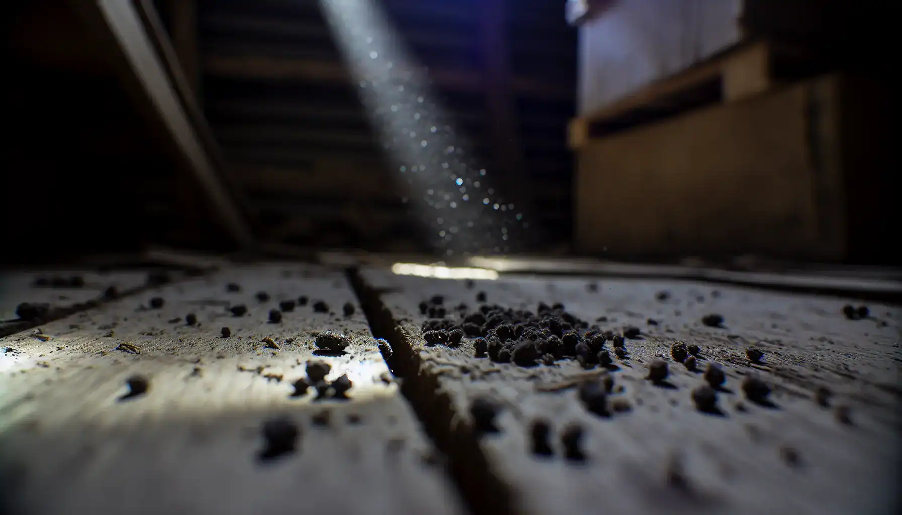 Tiny dark mouse droppings scattered on a dusty wooden floor in a neglected shed corner, highlighting the need for safe cleaning mouse droppings procedures.