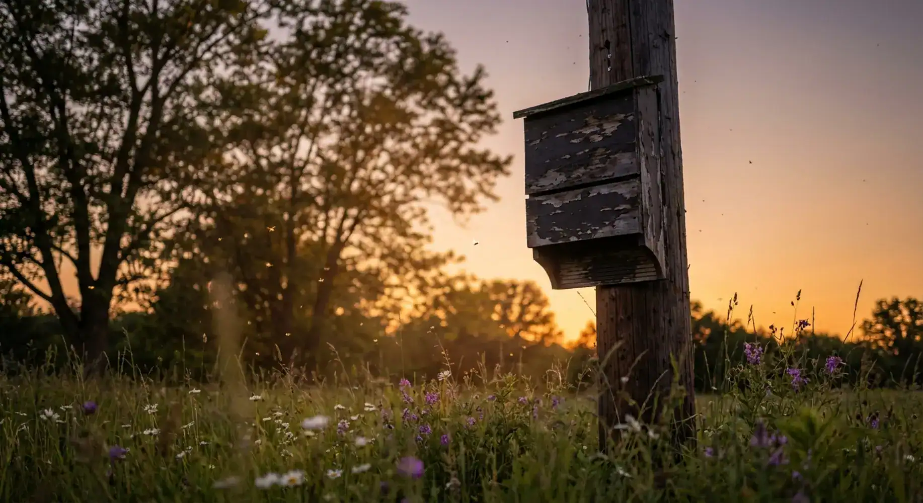 Bat house silhouette against dusk sky in overgrown backyard. Natural mosquito control concept.