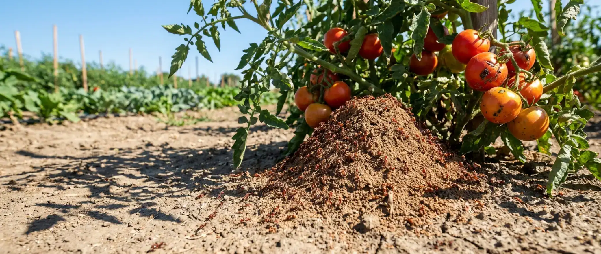 Active fire ant mound swarming next to a thriving heirloom tomato plant in a vegetable garden, highlighting need for fire ant killer garden.