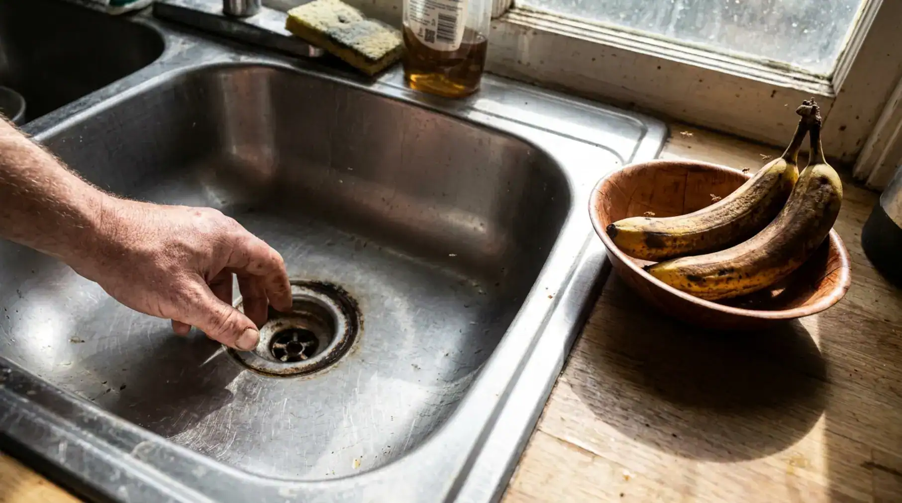 Hand near a grimy sink drain, overripe bananas on counter. Shows common fruit fly vs drain fly breeding sources in a kitchen.