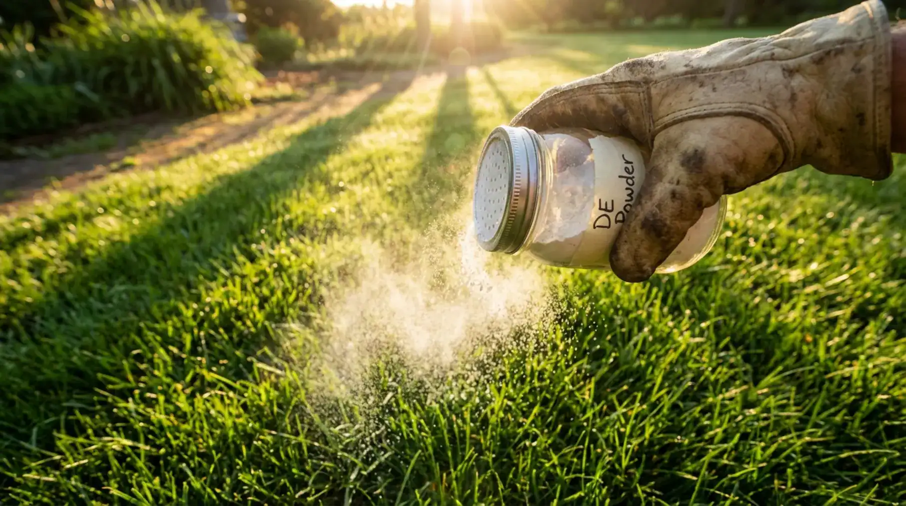 Hand spreading diatomaceous earth on a dewy lawn for chigger control in backyard setting.