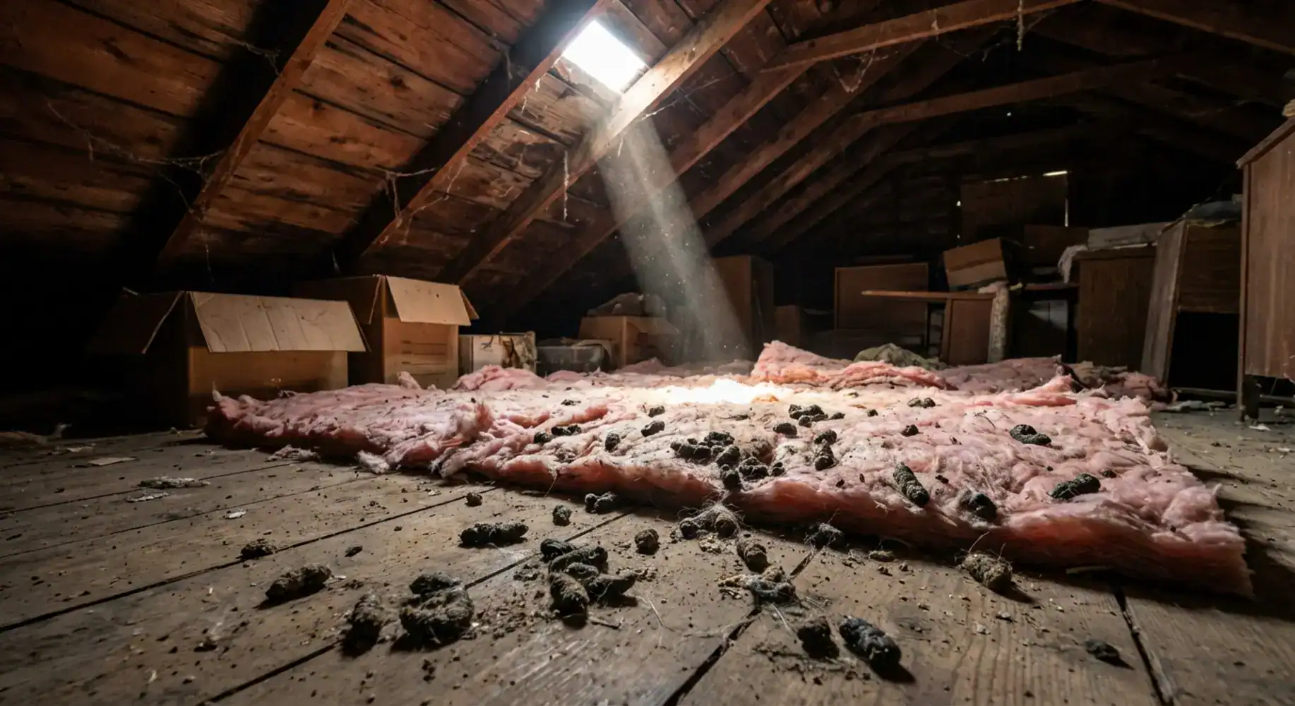 Raccoon droppings scattered on torn attic insulation, sunlit and dusty, indicating a raccoon infestation.