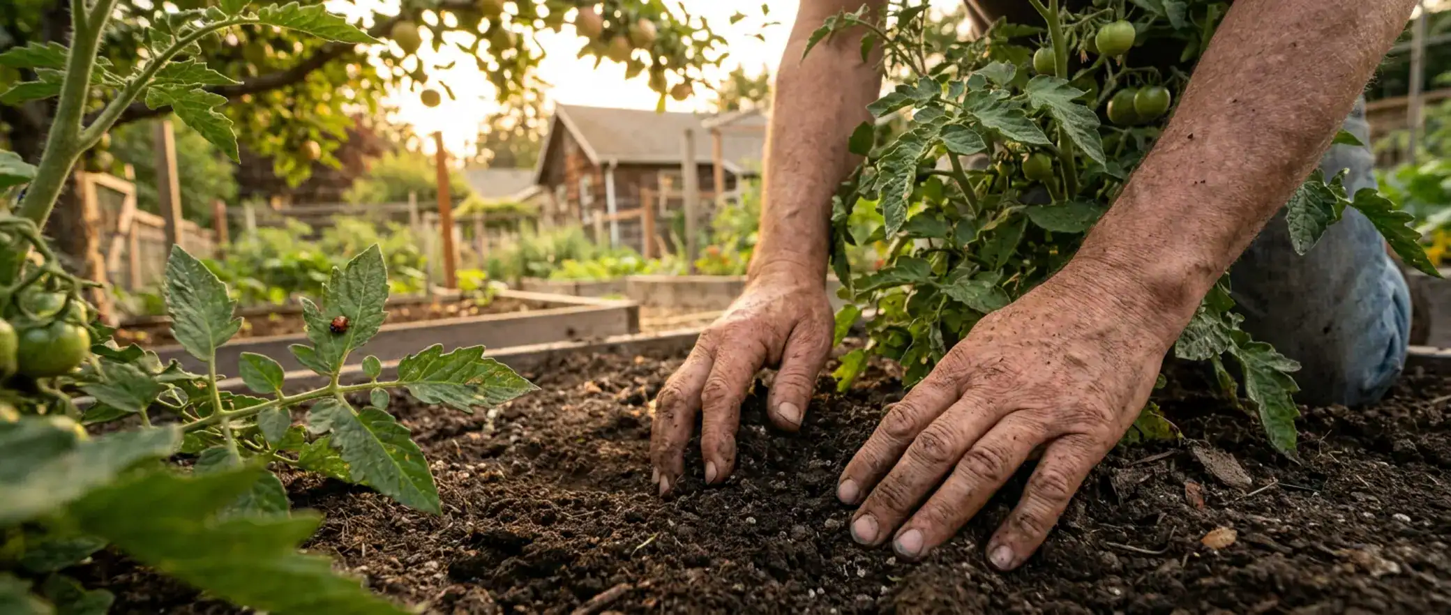 Gardener's hands tending to soil and plant with a ladybug in a home garden, illustrating integrated pest management.
