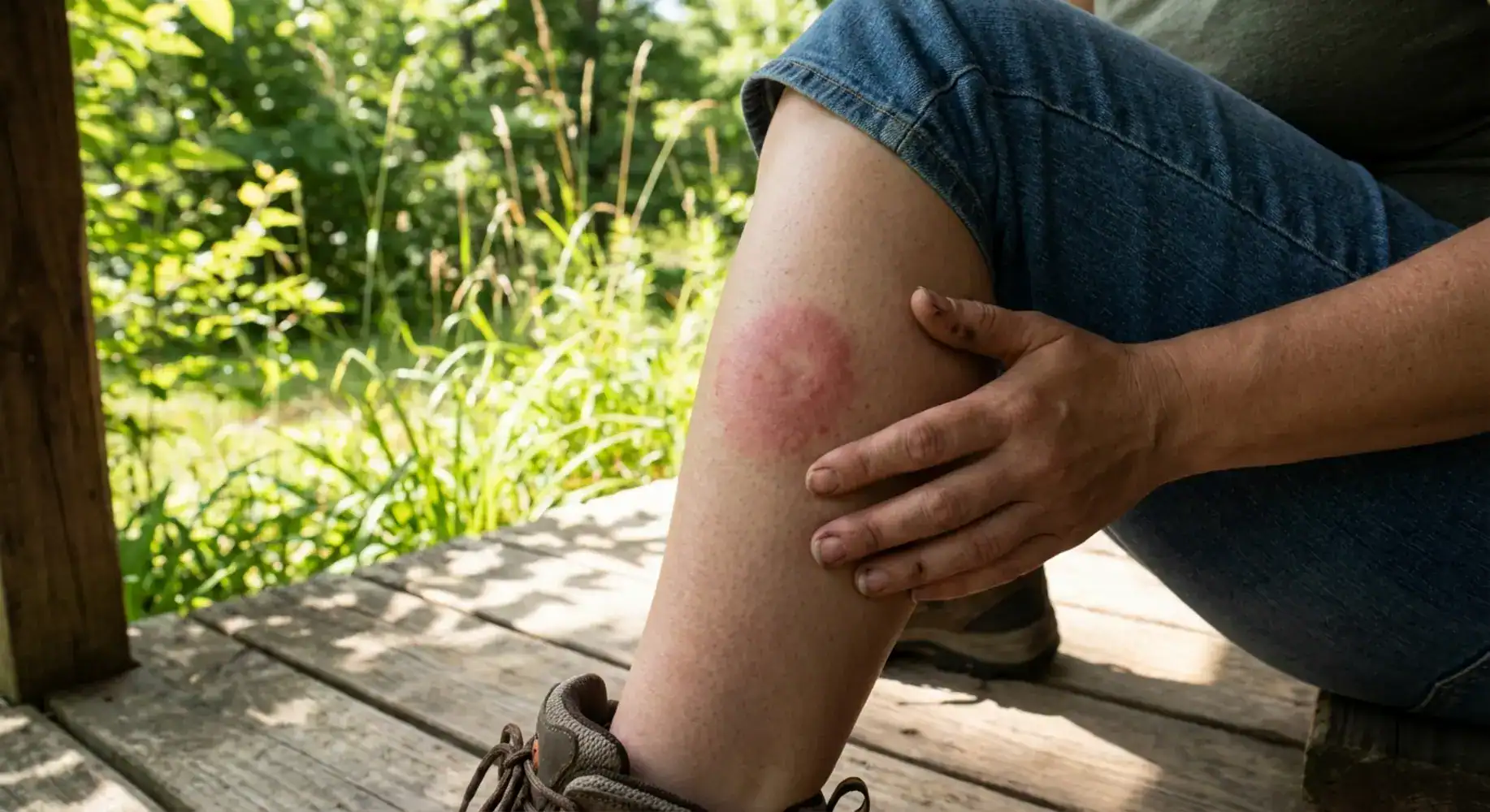 Expanding red rash on a woman's leg on a sunlit porch indicates early lyme disease symptoms.
