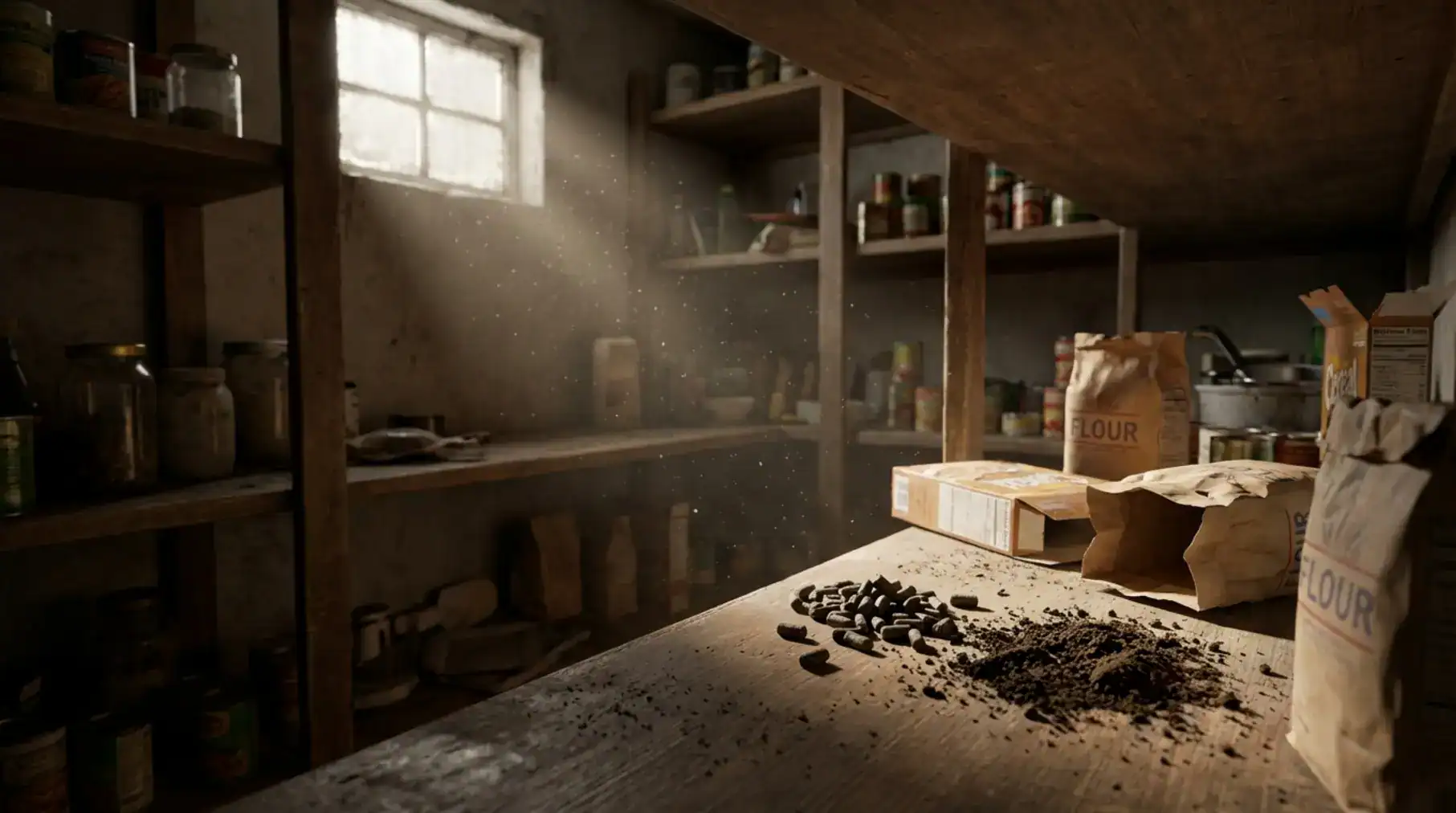 Dark pellets mixed with granular soil on a dusty pantry shelf, raising concerns about mouse droppings vs dirt contamination.