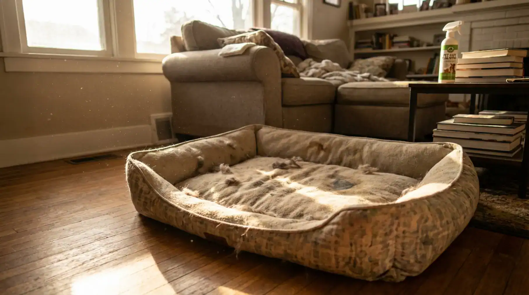 Close-up of a well-used pet bed in sunlight, showing wear. Home interior. Pet safe flea spray context.