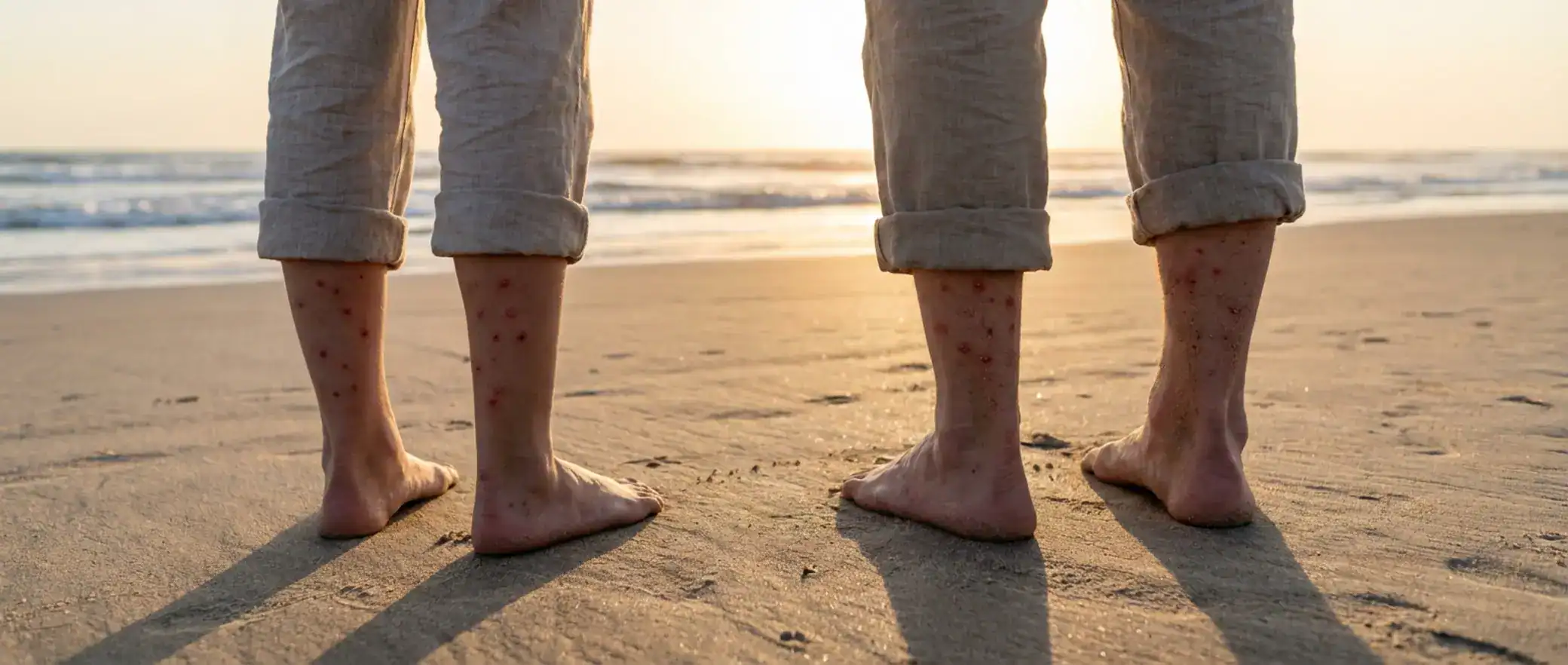 Inflamed bites on legs, sandy beach at sunset. Possible sand flea bites or insect bites on skin.
