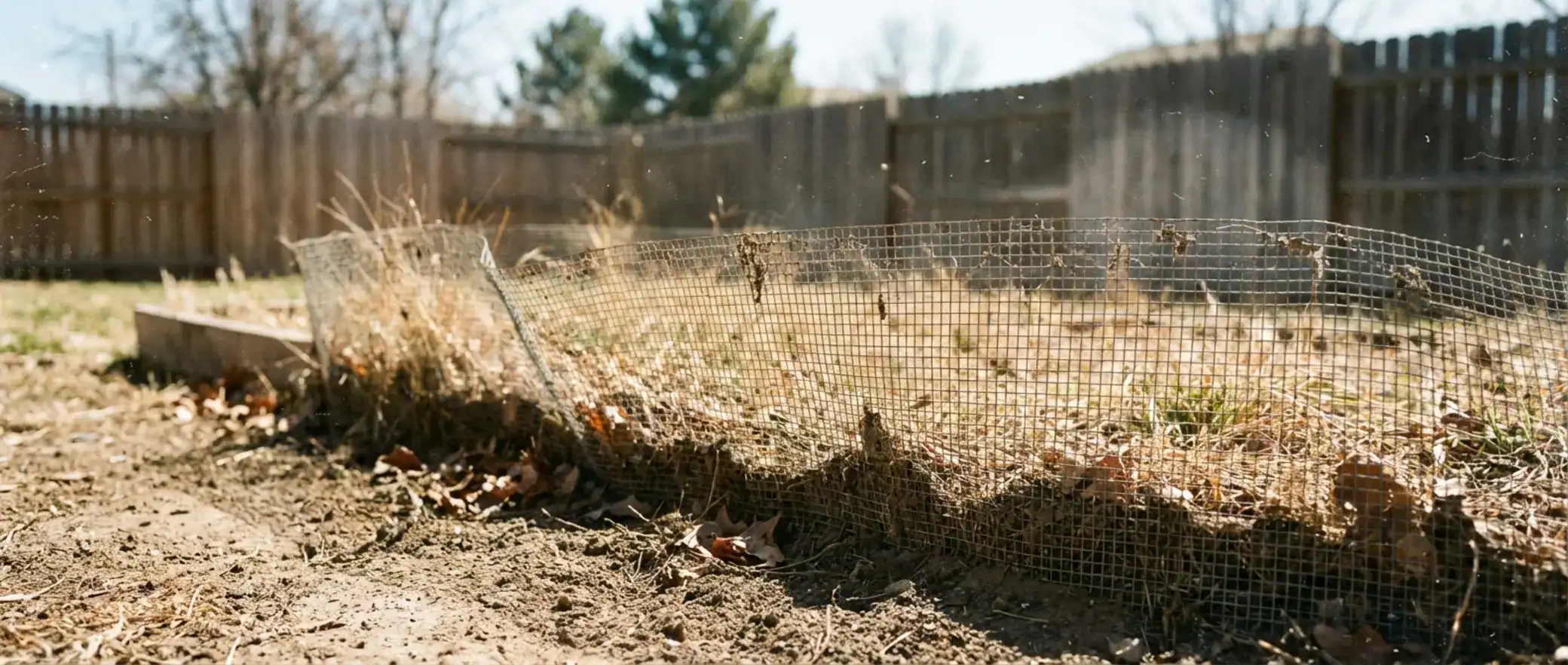 Weathered hardware cloth fencing around a garden, suburban backyard perimeter for snake repellent yard solution.