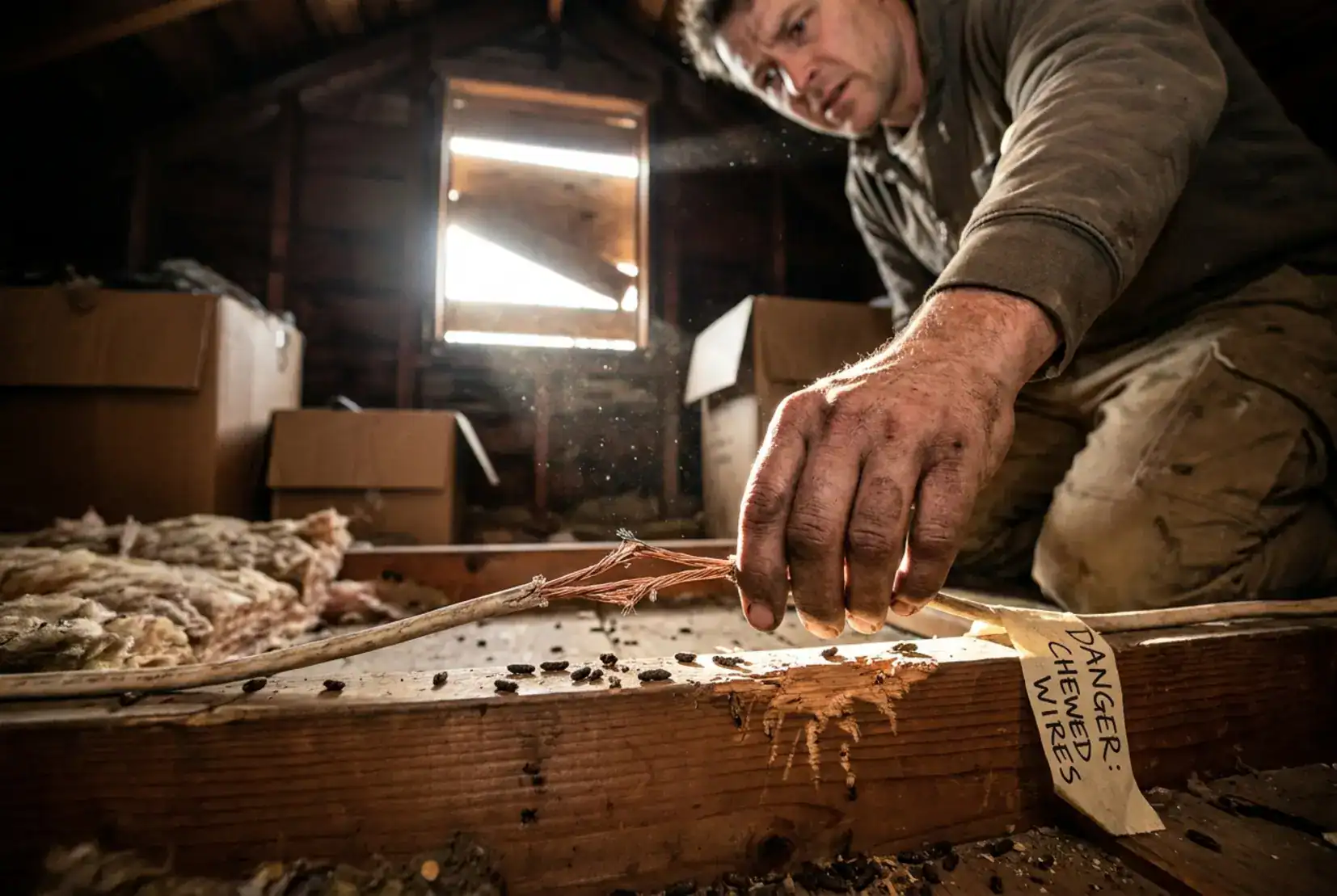 Hand on chewed electrical wire in a cluttered attic, highlighting the dangers of squirrels in attic spaces.