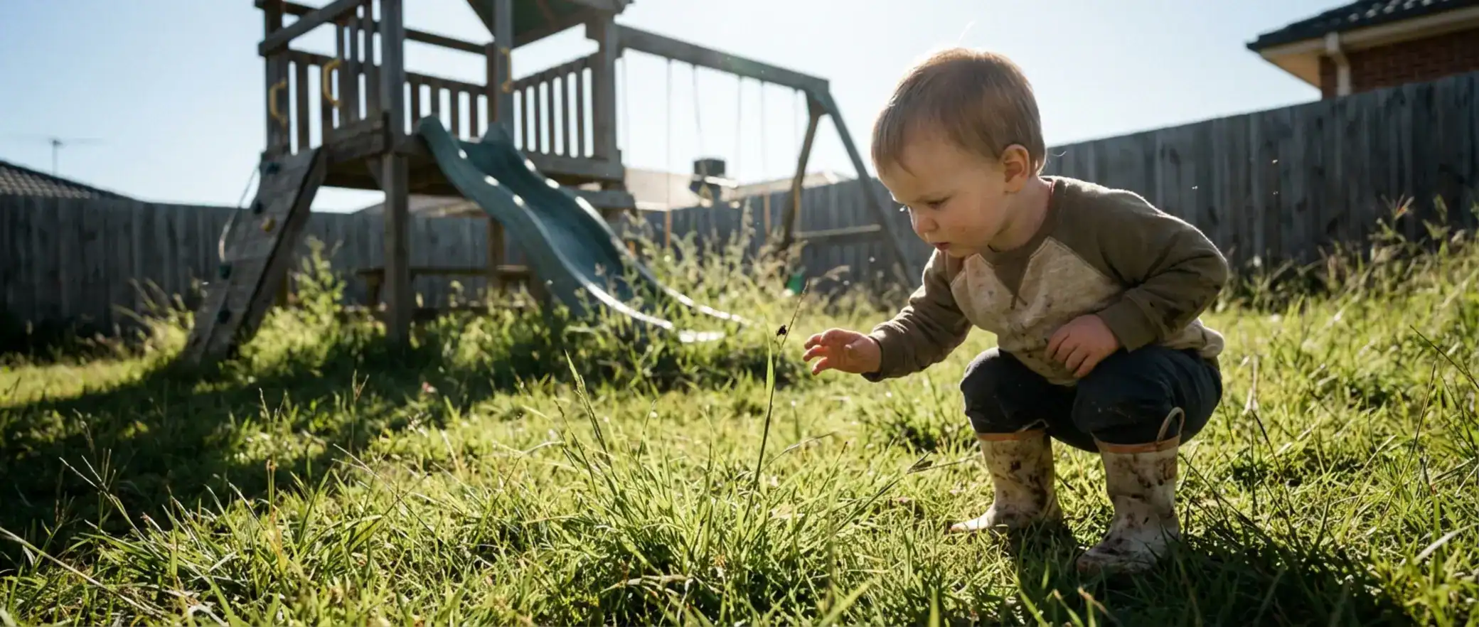 Child examining a tick on grass in an overgrown backyard. Tick season danger zone.