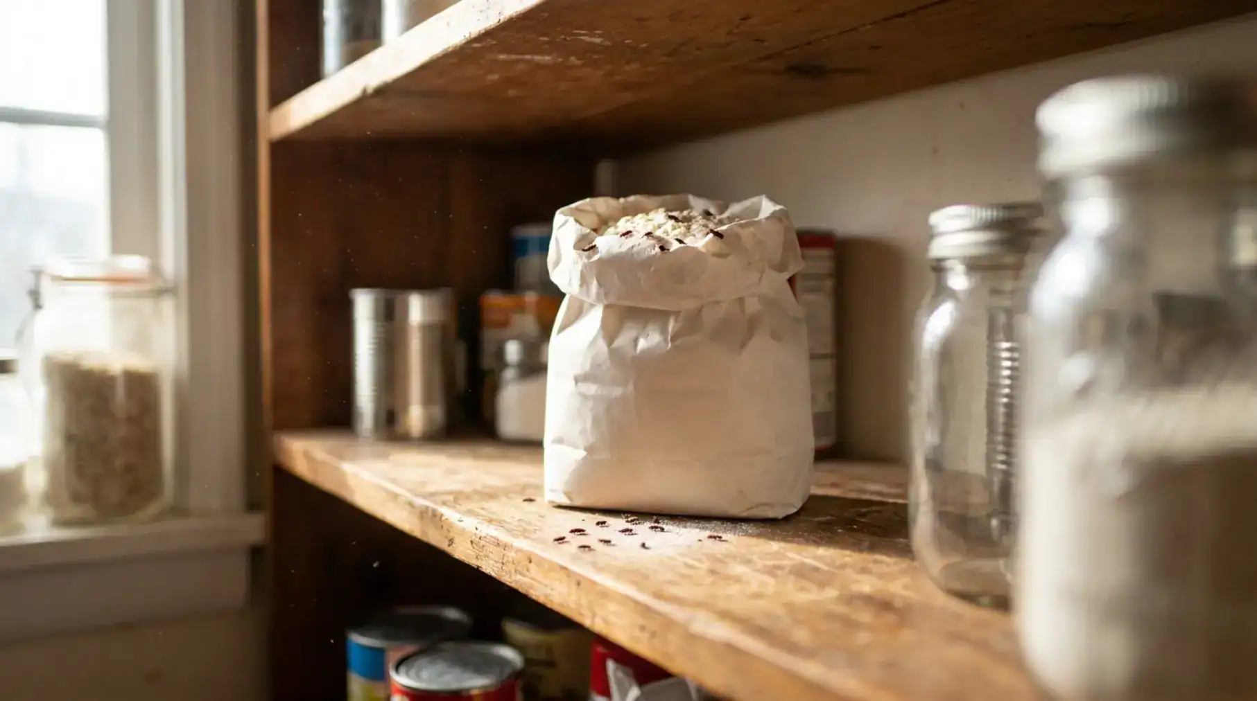 Tiny reddish-brown weevils crawling on flour inside an opened paper bag on a dusty wooden pantry shelf, showing weevils in flour.