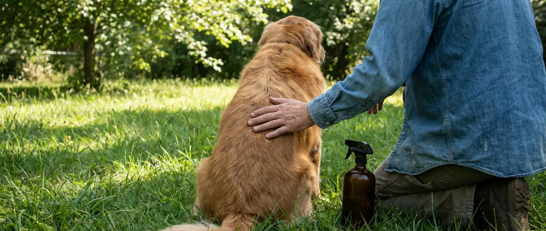 Owner's hand gently inspecting dog's fur in a sunny natural setting, checking for effective cedar oil bug spray protection.