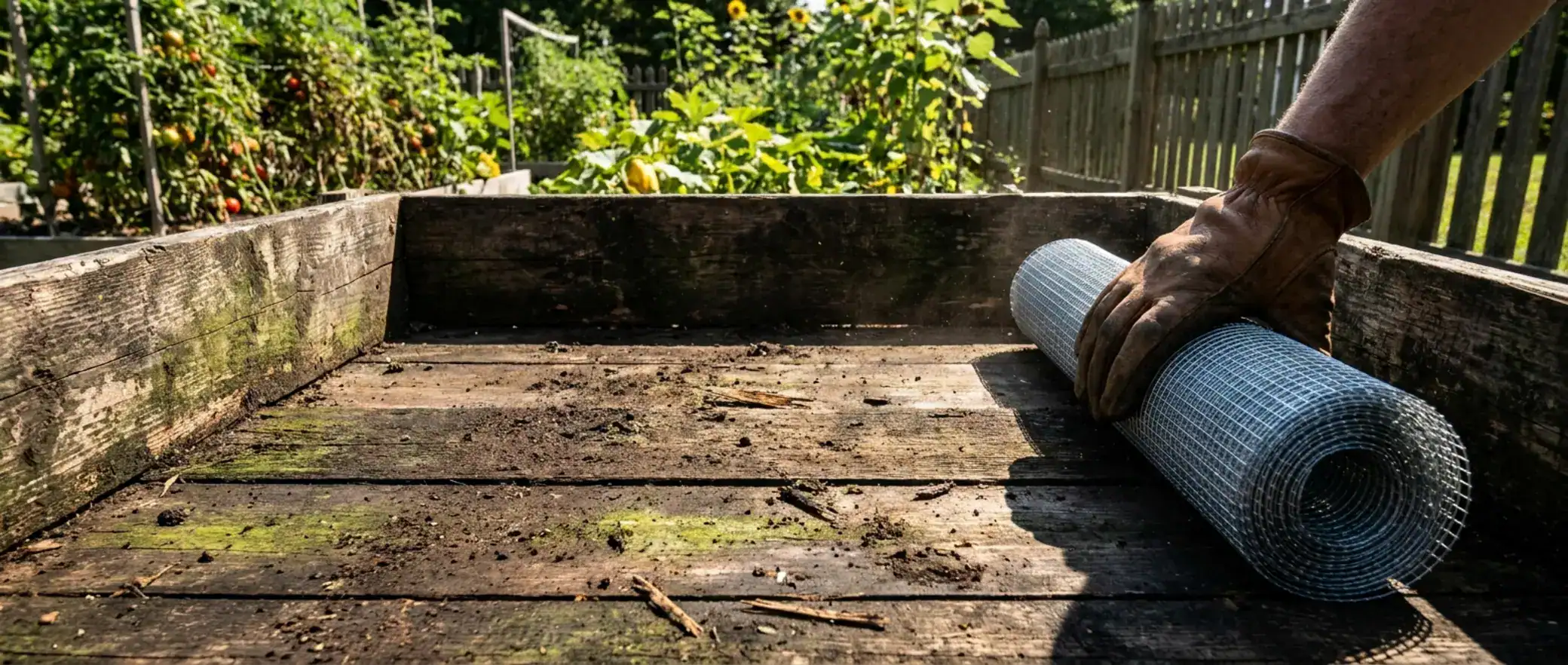 Gloved hand installing galvanized hardware cloth on a wooden compost bin in a backyard garden, preventing compost bin pests.