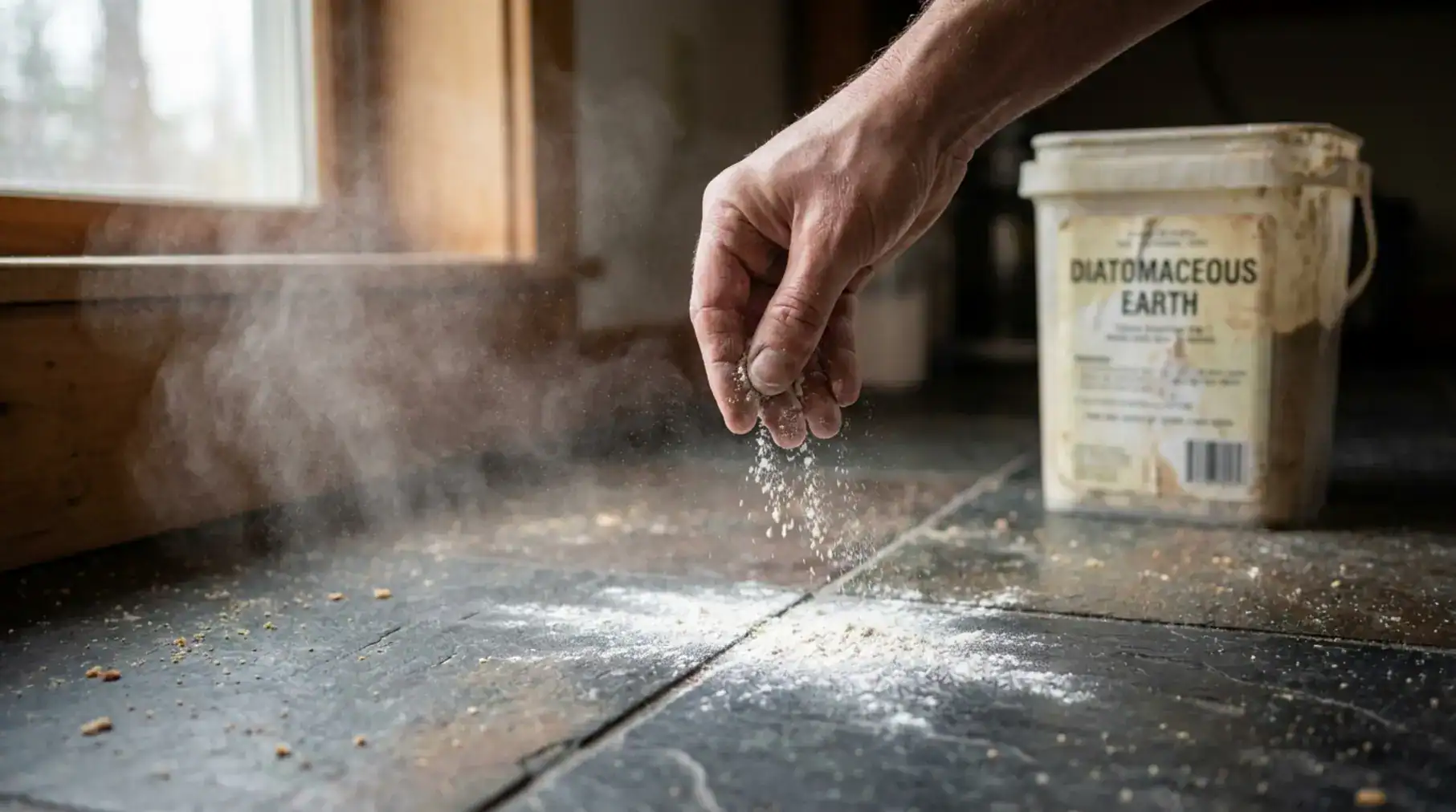 Bare hand scattering fine white powder on a kitchen floor, highlighting concerns about diatomaceous earth safety and proper handling.