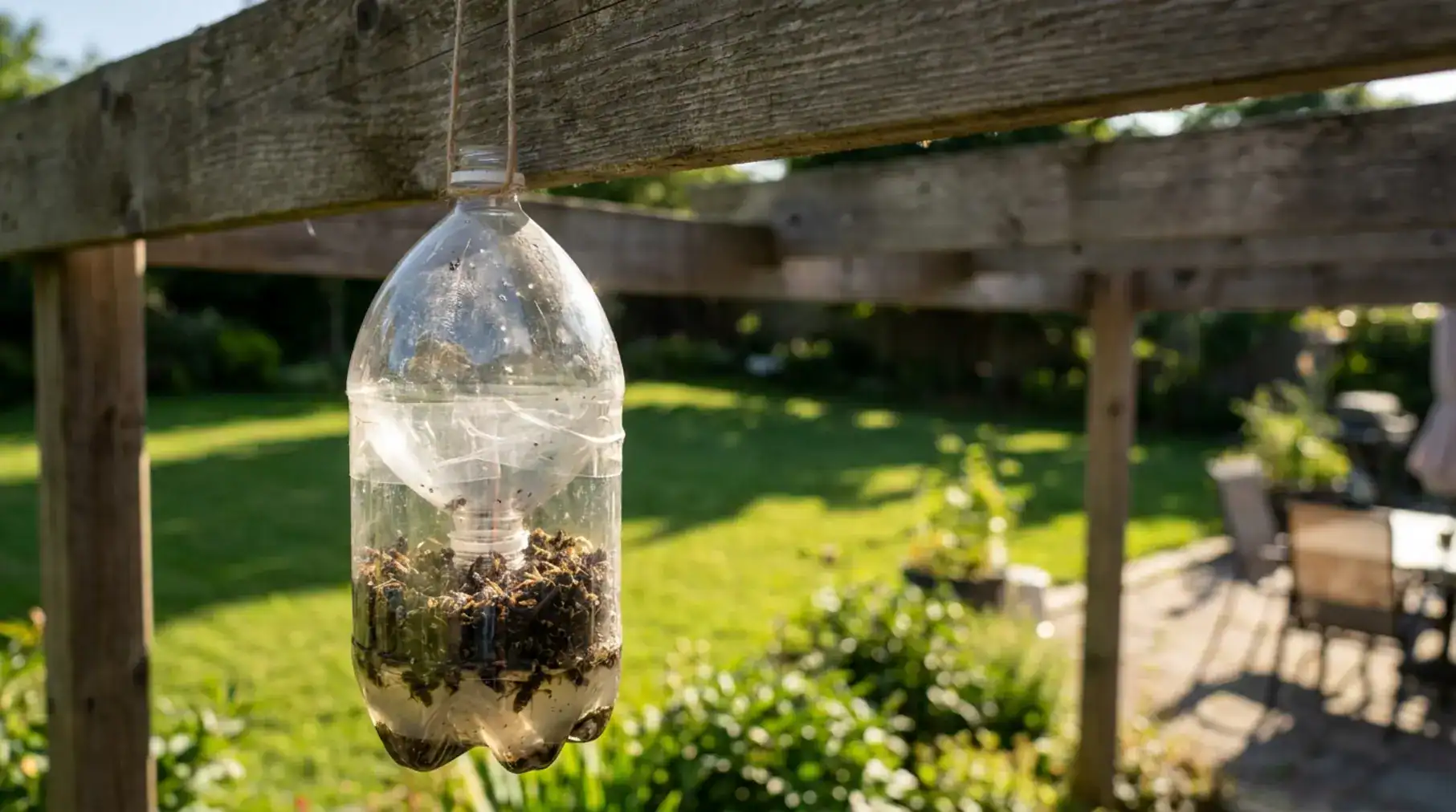 Homemade plastic bottle diy wasp trap with deceased wasps hanging from a weathered pergola in a sunny backyard.