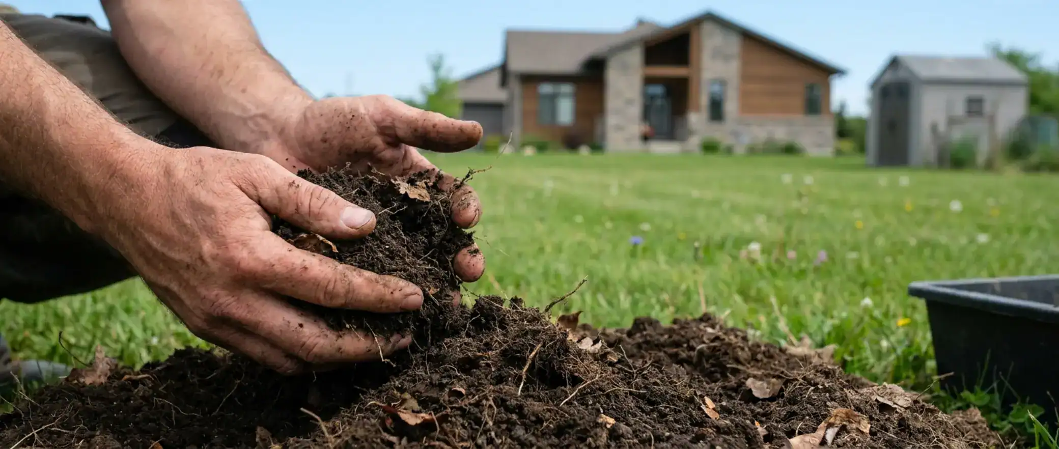 A person's hands sifting dark, rich soil in a vibrant green backyard, illustrating healthy soil's role in organic lawn pest control.